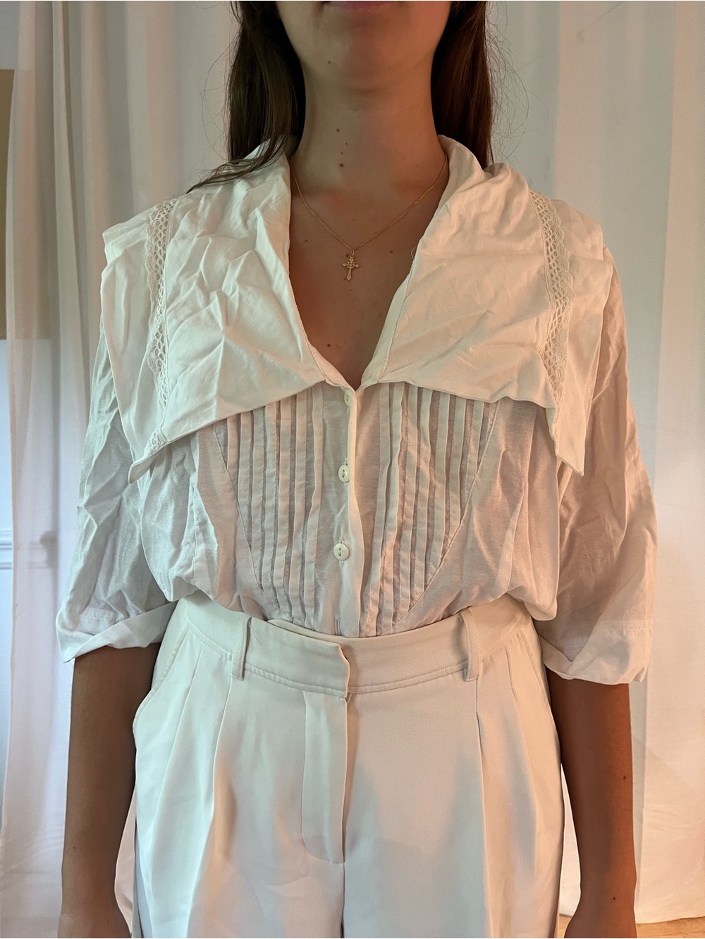 Classic White Pintuck Button-Front Women's Blouse